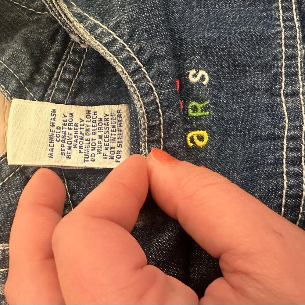 Early 2000s Gymboree Baby Denim Shortalls Car Embroidered Romper 0-3M